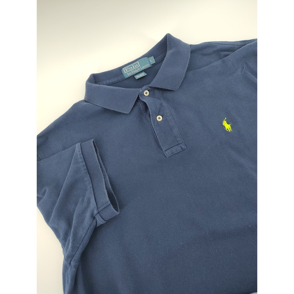 Polo Ralph Lauren Polo Shirt Mens L Blue Good Yellow Pony Pique Cotton